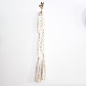 Large wooden bead and shell long hanging wall tassel, garland. Coastal Bohemian, boho home decor.