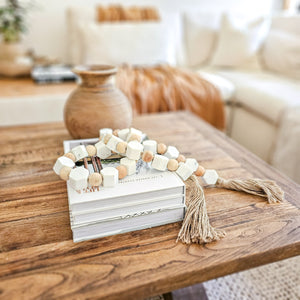 Marble and wood bead long decorative tassels for coastal bohemian home aesthetic interiors. Finish your styling with stunning accent pieces and compliment your home. 