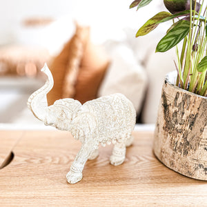 Resin elephant sculpture with carvings ideal for coastal boho, boheme inspired home aesthetic. Beautiful whitewash finish