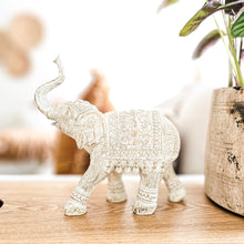 Resin elephant sculpture with carvings ideal for coastal boho, boheme inspired home aesthetic. Beautiful whitewash finish