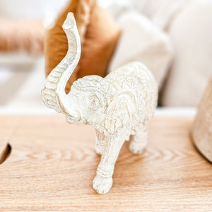 Resin elephant sculpture with carvings ideal for coastal boho, boheme inspired home aesthetic. Beautiful whitewash finish