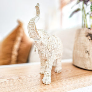 Resin elephant sculpture with carvings ideal for coastal boho, boheme inspired home aesthetic. Beautiful whitewash finish