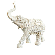 Resin elephant sculpture with carvings ideal for coastal boho, boheme inspired home aesthetic. Beautiful whitewash finish