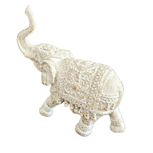 Resin elephant sculpture with carvings ideal for coastal boho, boheme inspired home aesthetic. Beautiful whitewash finish