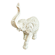 Resin elephant sculpture with carvings ideal for coastal boho, boheme inspired home aesthetic. Beautiful whitewash finish