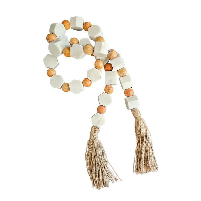 Marble and wood bead long decorative tassels for coastal bohemian home aesthetic interiors. Finish your styling with stunning accent pieces and compliment your home. 