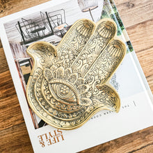 Hand casted brass hamsa hand tray. Perfect for beside styling, coffee table styling and adding a unique touch to coastal boho interior home styling 