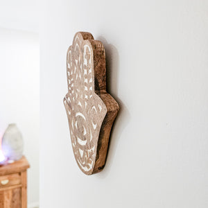 Wooden carved hamsa hand wall hanging small. Coastal boho home decor. Balinese decor 