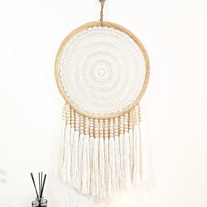 Iris round dreamcatcher Wall Hanging large in natural tone macrame cotton and wood beads. Perfect for coastal boho inspired home interior aesthetic. Wall statement piece.