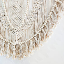 Kalee Macrame Wall Hanging large in natural tone macrame cotton. Perfect for coastal boho inspired home interior aesthetic. Wall statement piece.