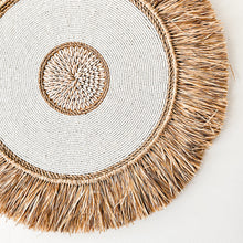 Raffia with white bead detailing and shell center wall art decor. Coastal, boho, Bohemian home decor. Natural wall art. Handmade Bali style wall art decor. Round wall art disc.