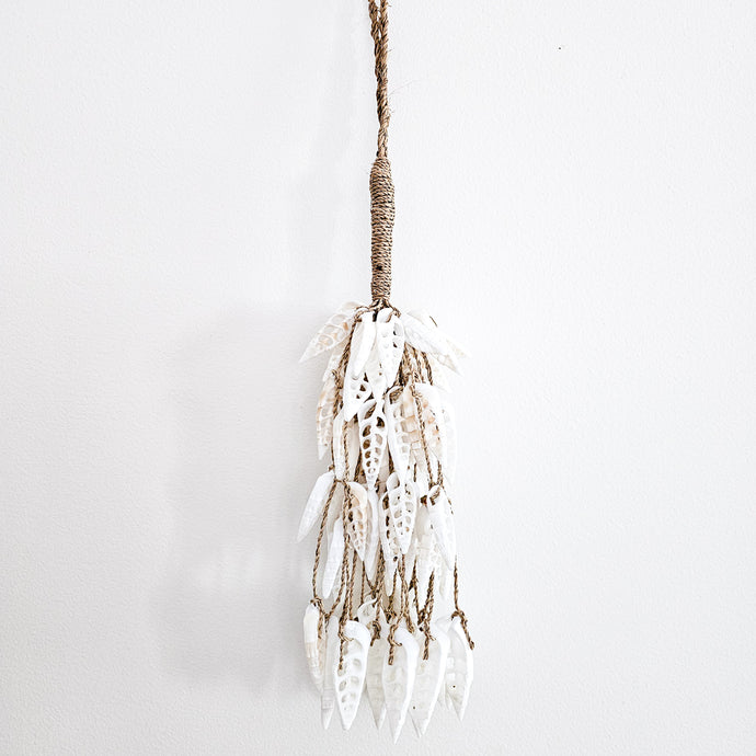 White shell tassel for coastal bohemian, boho wall decor. Handcrafted natural home decor