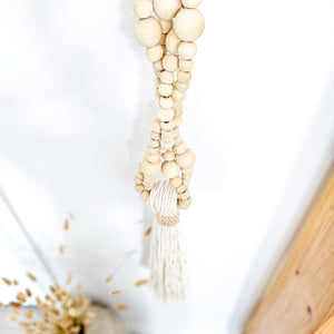 Large wooden bead long hanging tassel. Coastal Bohemian, boho home style decor.